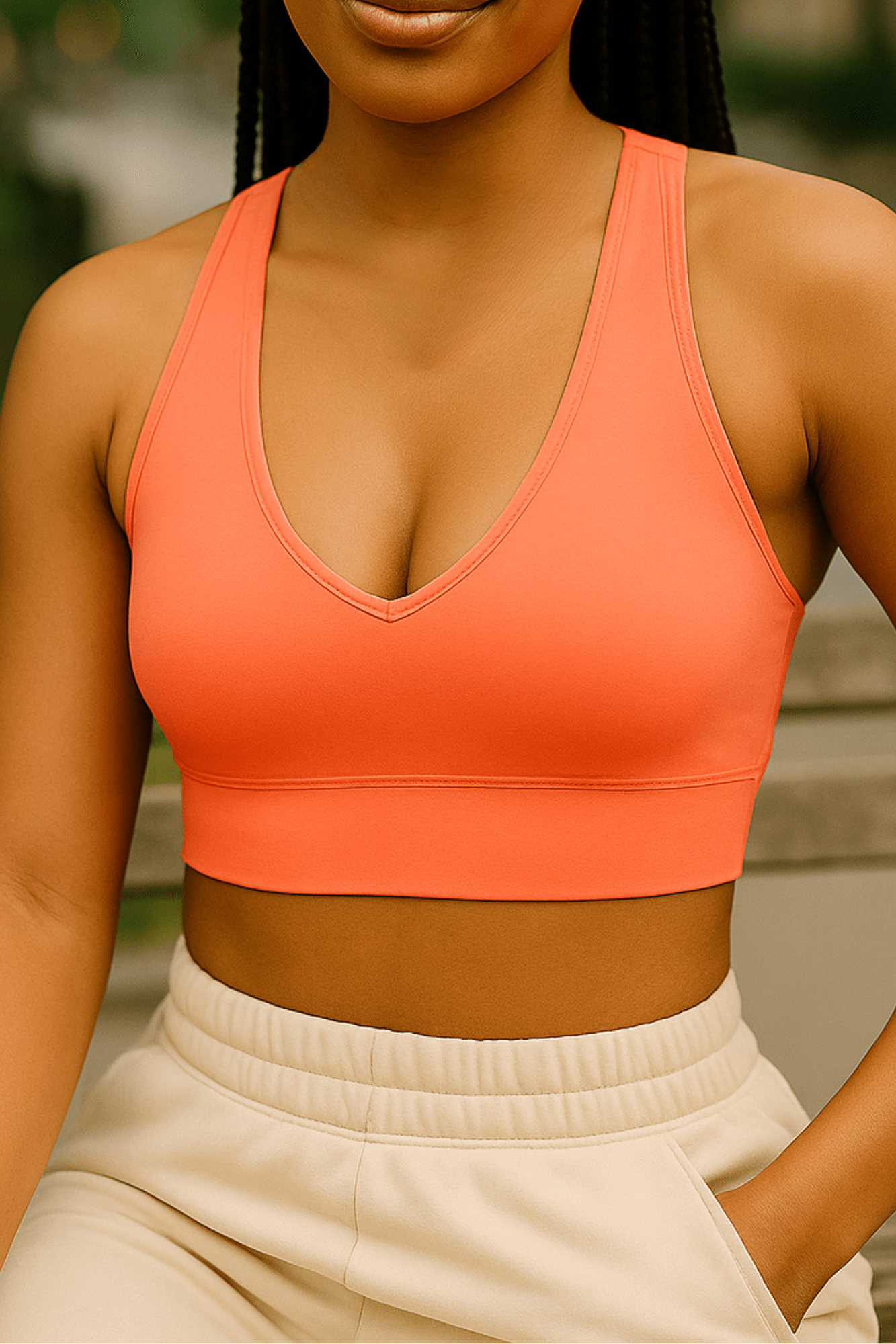 Woman wearing an athletic racerback sports bra with a scoop neckline and wide straps, designed for support and comfort during workouts or everyday movement.