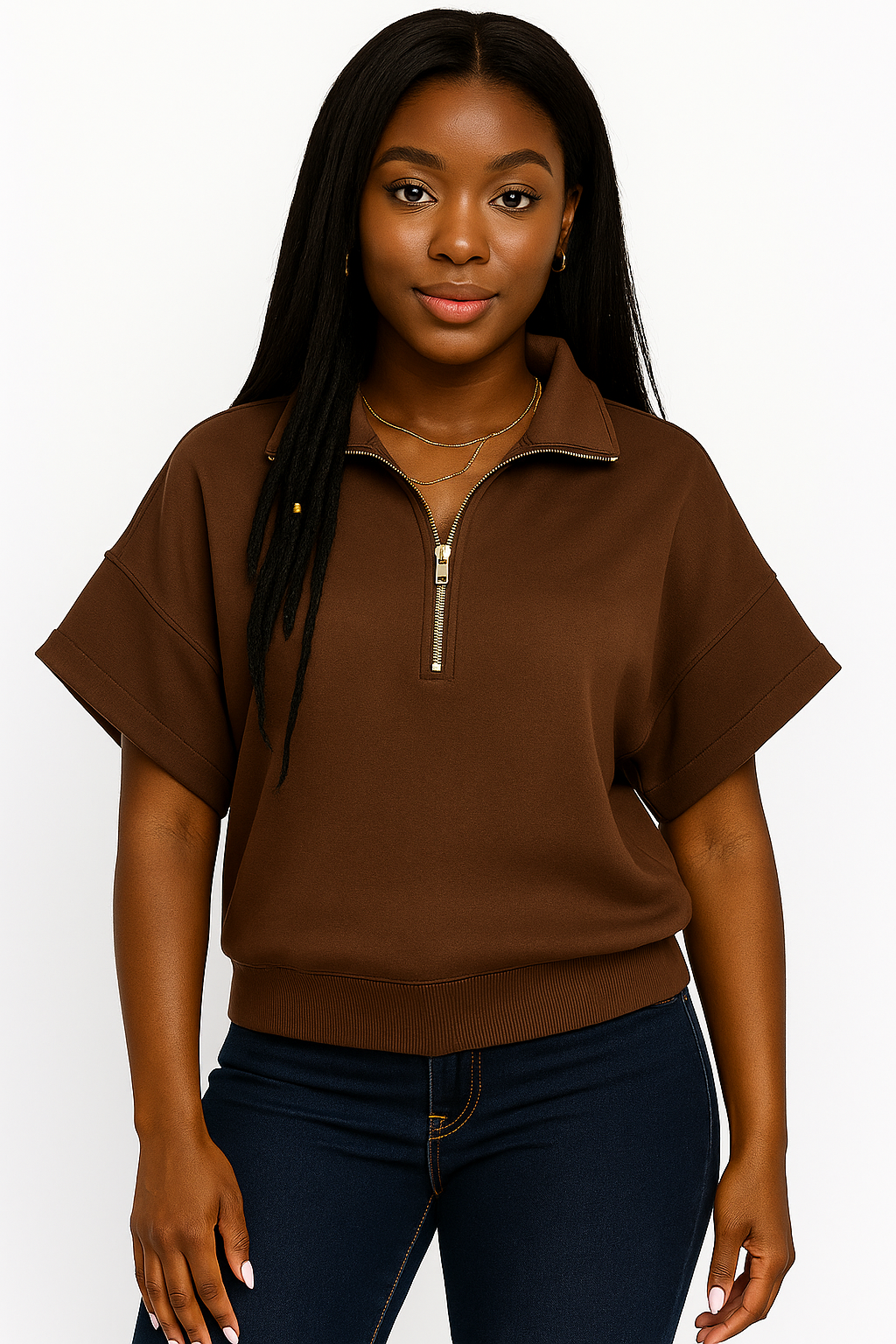 Scuba High Neck Half Zip Short Sleeve Top