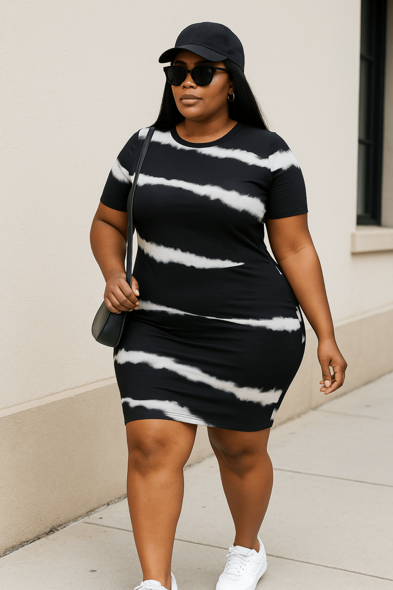Plus-size woman wearing a body-hugging tie-dye dress with short sleeves and a midi length. Bold, stretchy, and flattering dress for curvy women looking for comfort and style.