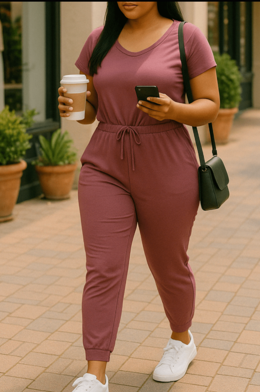 Woman in a pink jumpsuit holding a coffee cup and phone on a sidewalk.