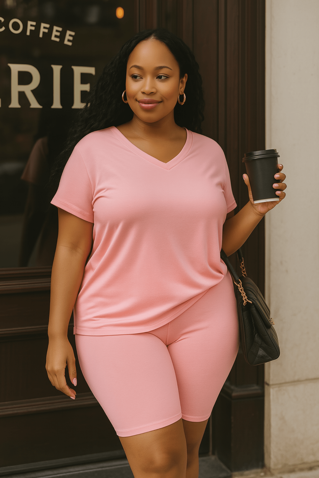 Woman wearing a soft lounge set with a relaxed v-neck short sleeve top and matching high-waisted biker shorts. Casual and comfy two-piece outfit perfect for warm weather, errands, or at-home lounging.