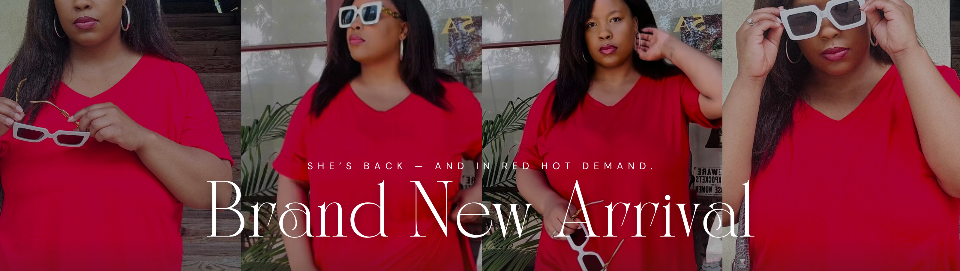 Woman in red outfit with sunglasses, promotional text for brand new arrival.