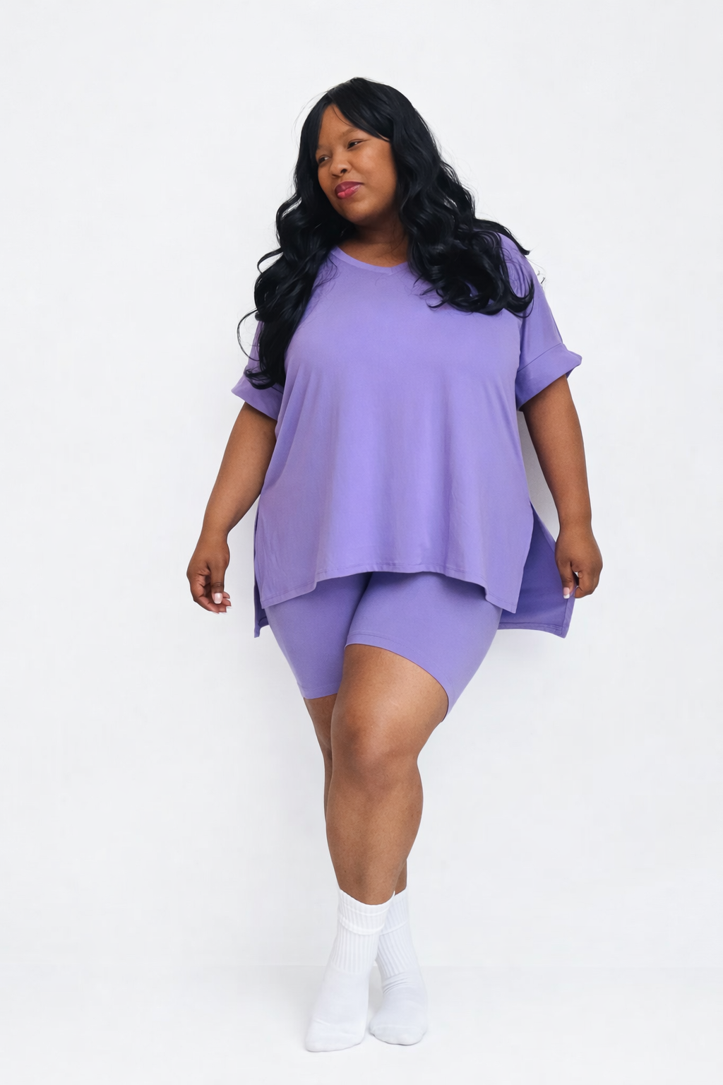 Microfiber V-Neck Top & Biker Shorts Lavender