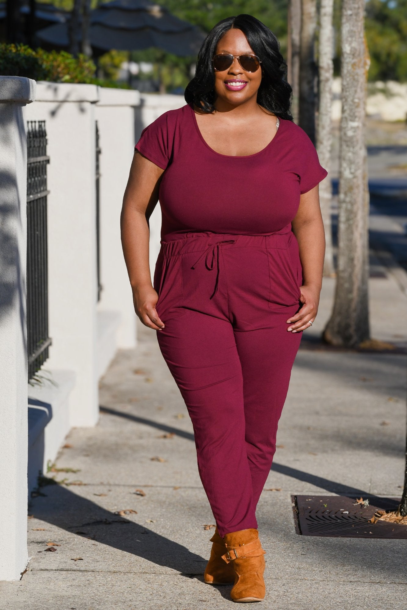 [PLUS] Stretchy Drawstring  Short Sleeve Jumpsuit
