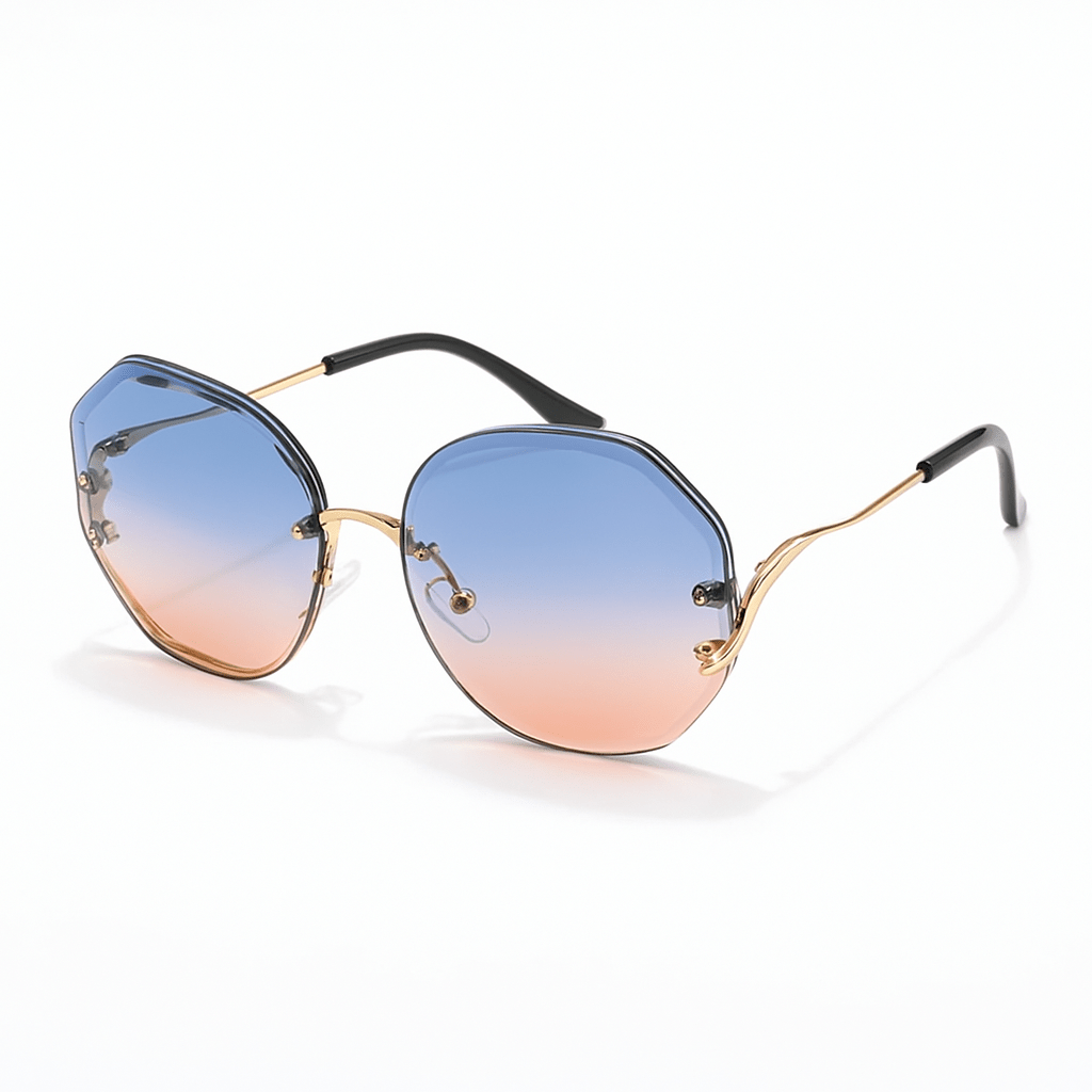 Sunglasses with a gradient blue to pink design on a white background