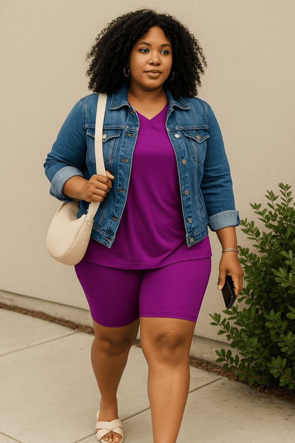 Microfiber V-Neck Top & Biker Shorts (Plum)