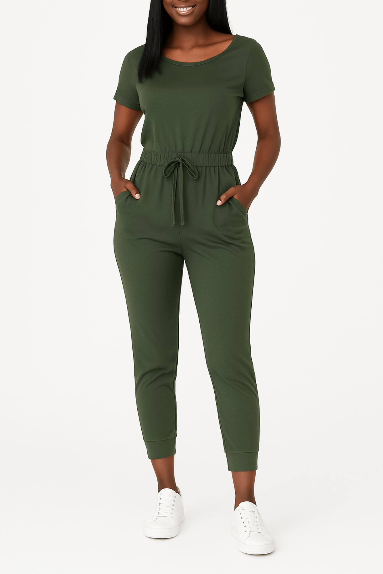 Stretchy Short Sleeve Drawstring Jumpsuit (Olive)