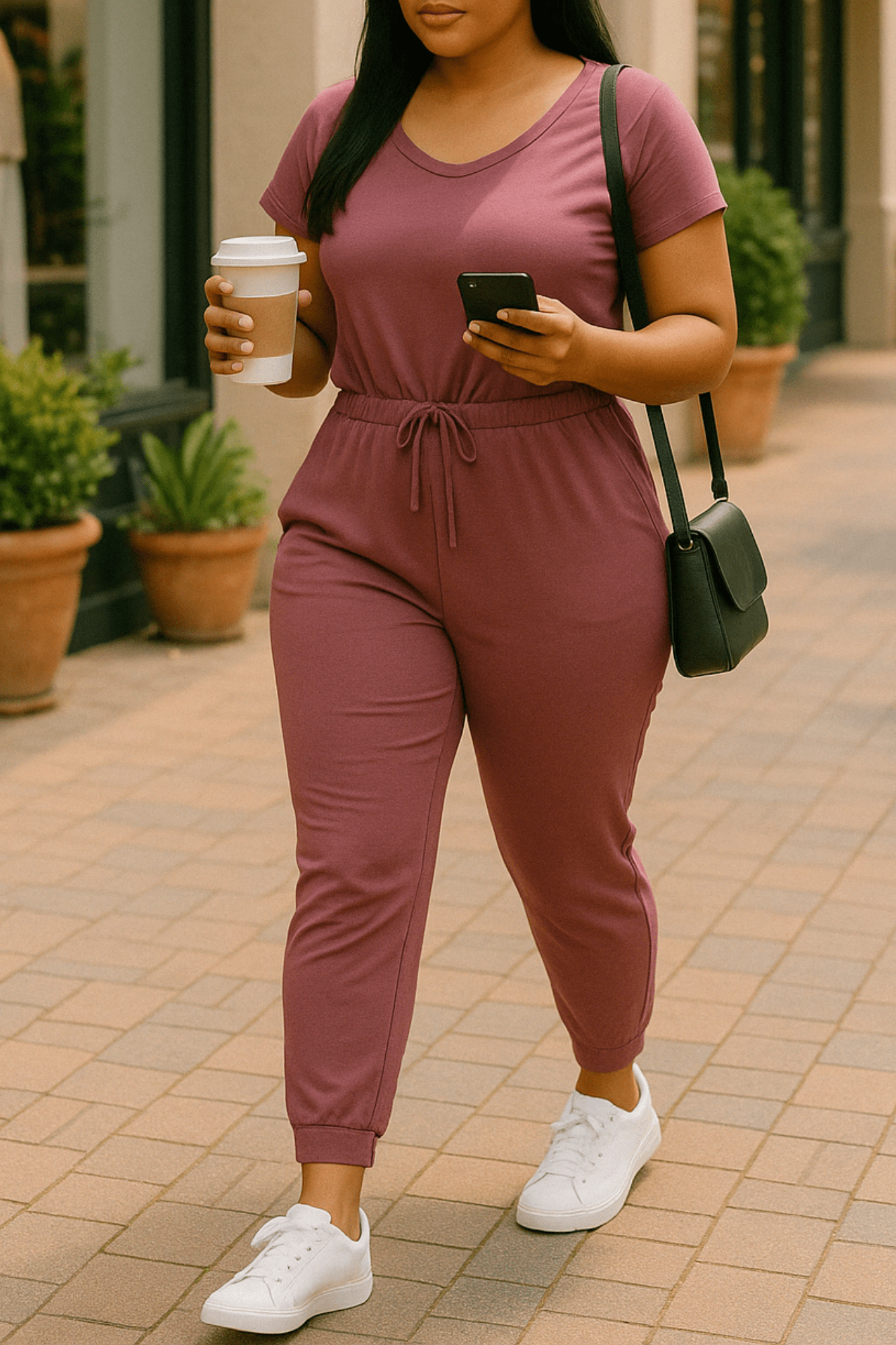 Stretchy Short Sleeve Drawstring Jumpsuit