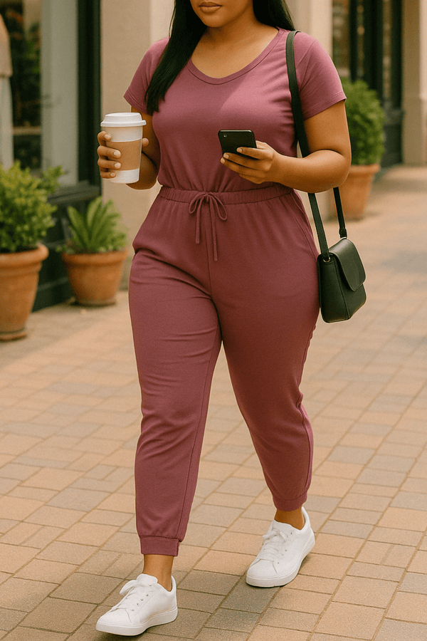 Stretchy Short Sleeve Drawstring Jumpsuit