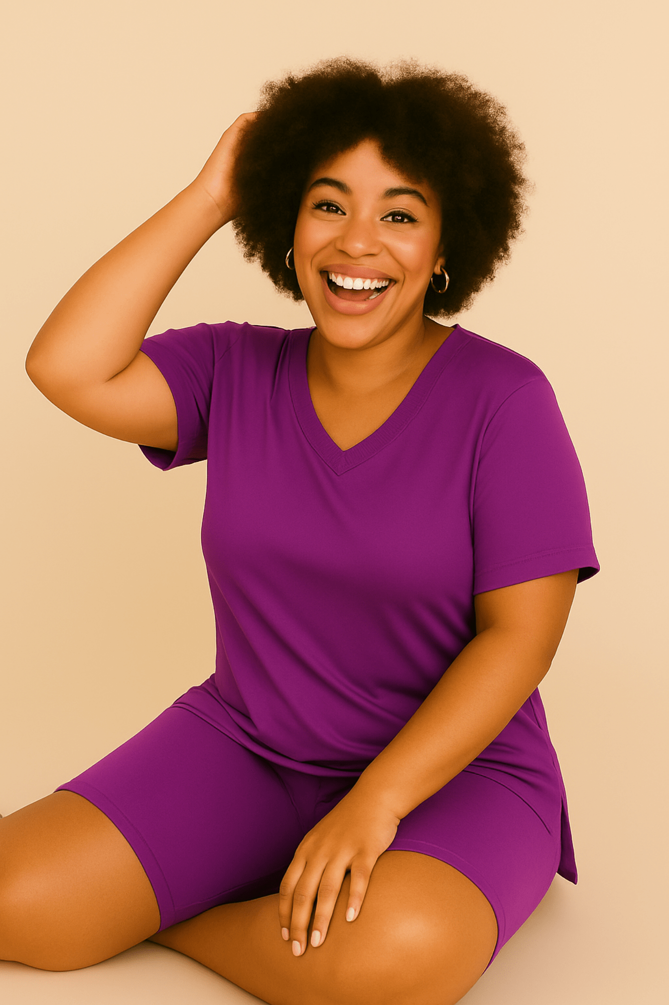 Microfiber V-Neck Top & Biker Shorts (Plum)