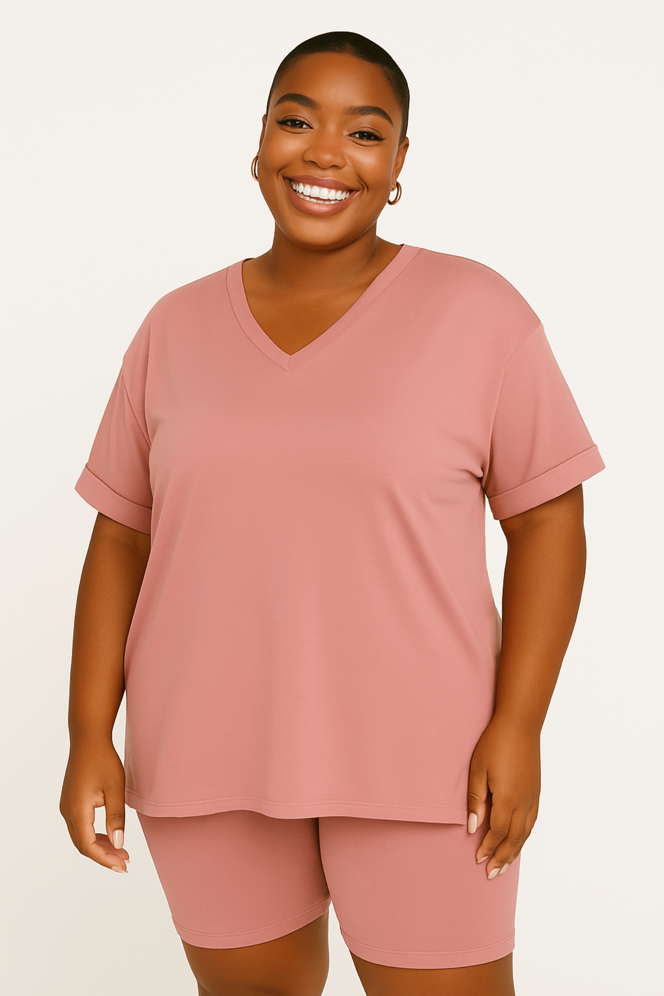 Microfiber V-Neck Top & Biker Shorts (Light Rose)