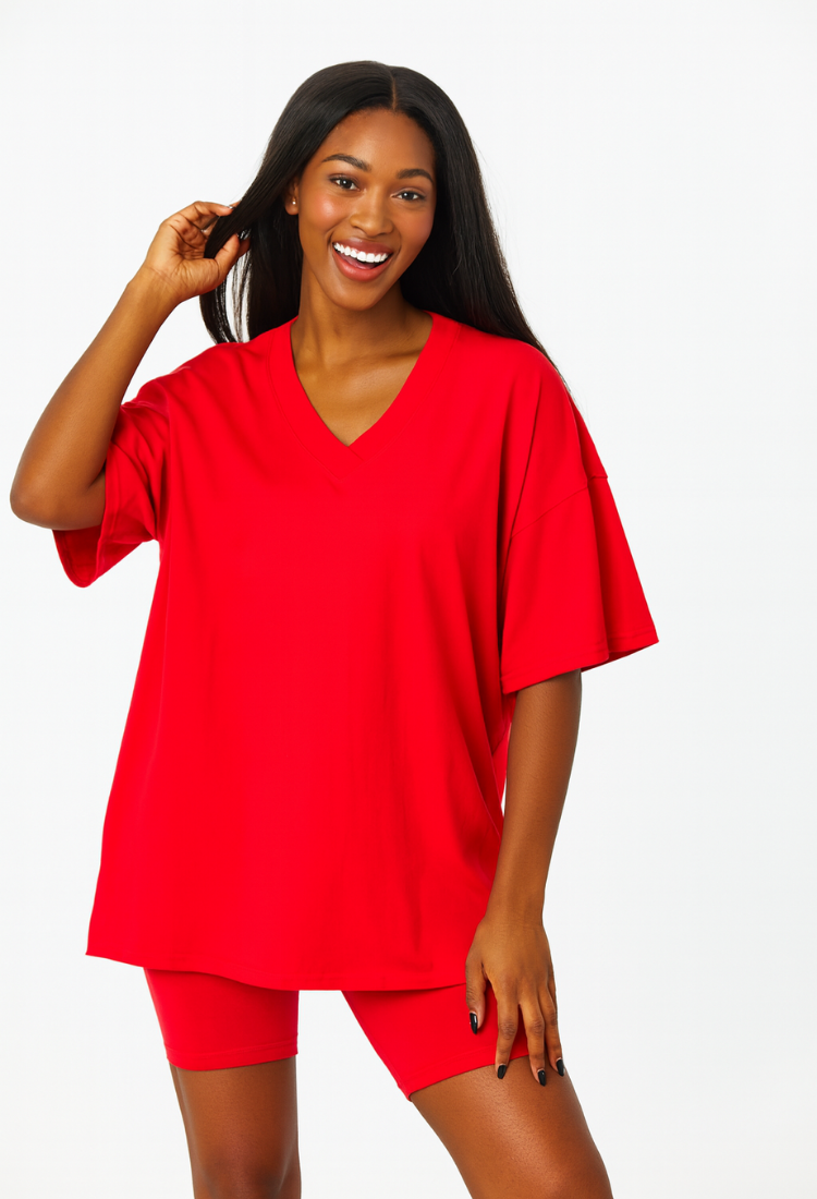 COTTON V-NECK TOP & BIKER SHORTS SET