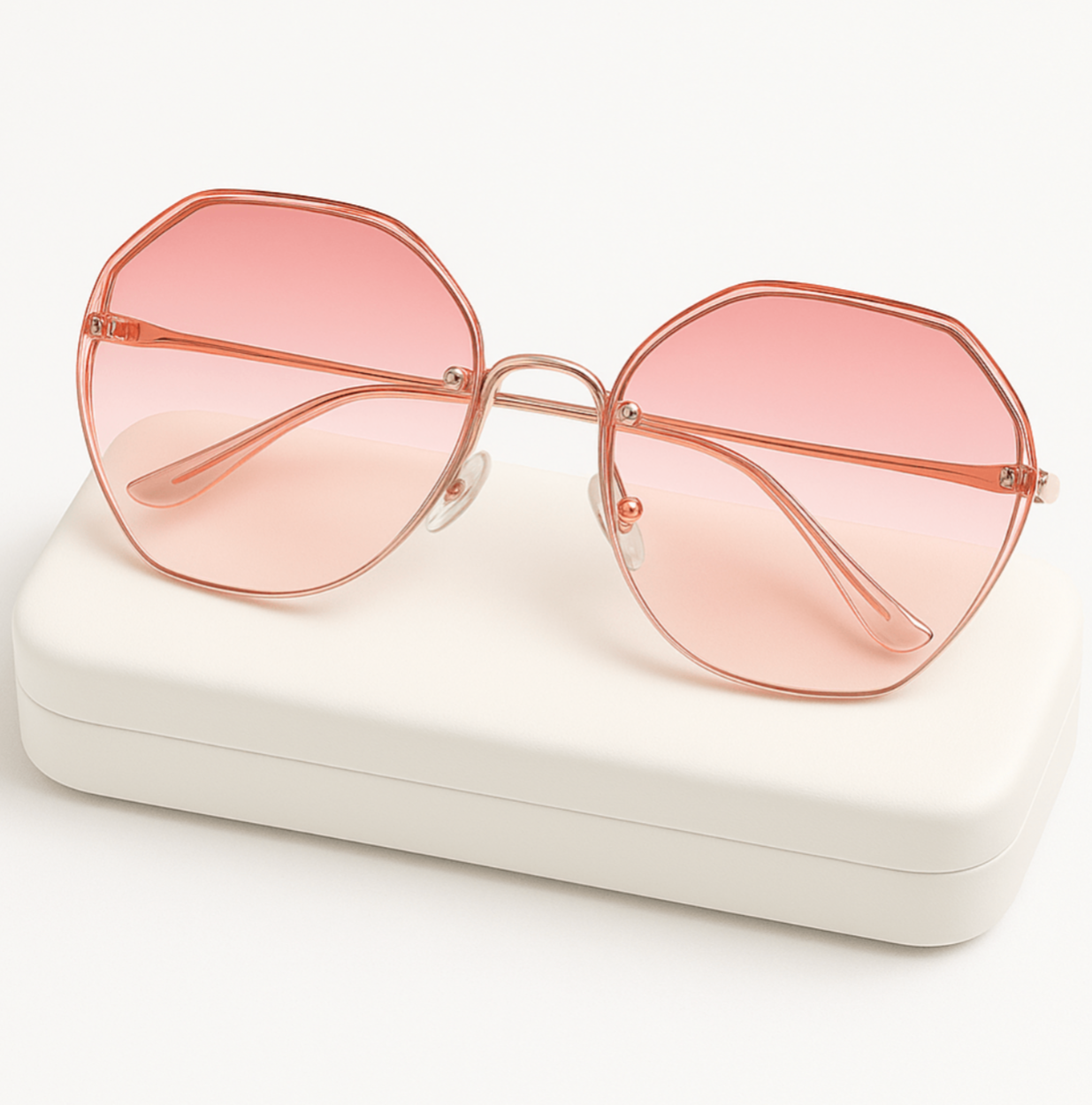 Pink sunglasses with gold frame on a white background